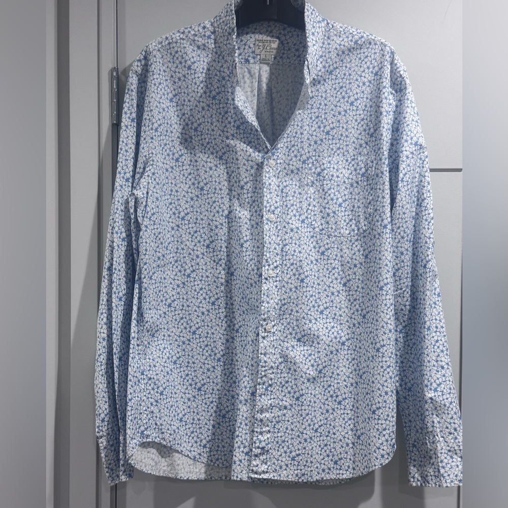 J. Crew Men's White and Blue Patterned Shirt
